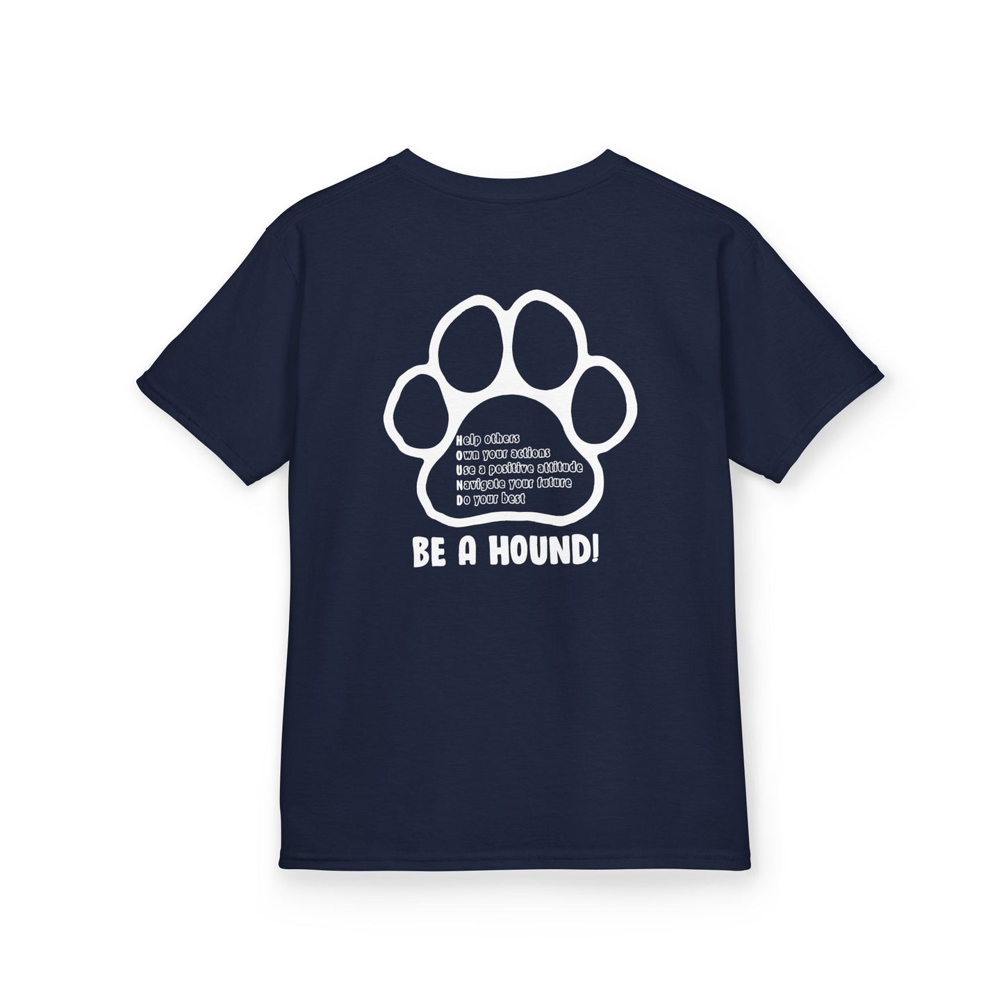 Hickory Hound Kids T‑Shirt – Retro Mascot Paw Print "Be a Hound" Tee