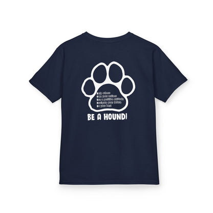 Hickory Hound Kids T‑Shirt – Retro Mascot Paw Print "Be a Hound" Tee