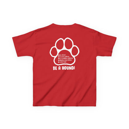 Hickory Hound Kids T‑Shirt – Retro Mascot Paw Print "Be a Hound" Tee