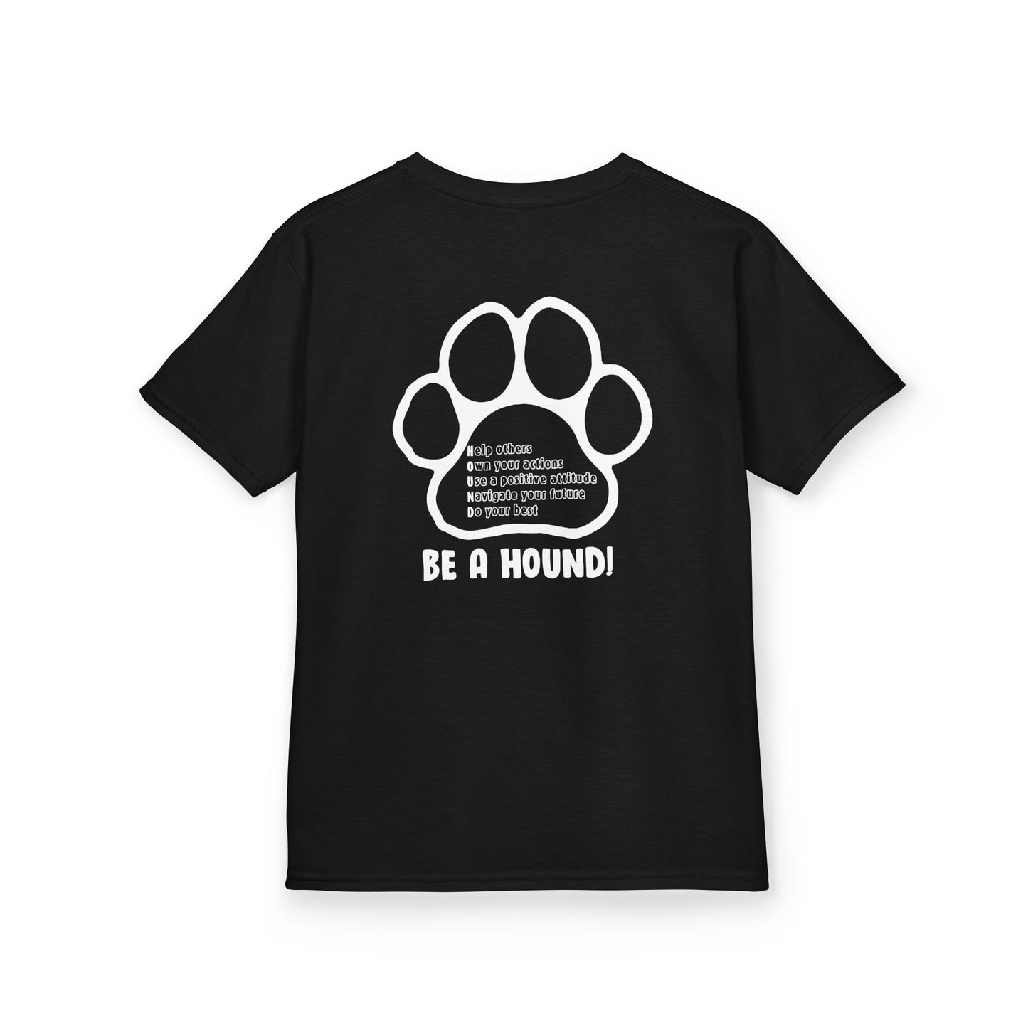 Hickory Hound Kids T‑Shirt – Retro Mascot Paw Print "Be a Hound" Tee