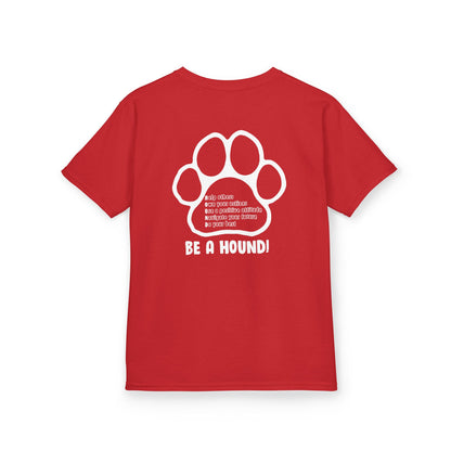 Hickory Hound Kids T‑Shirt – Retro Mascot Paw Print "Be a Hound" Tee