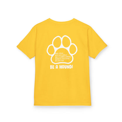 Hickory Hound Kids T‑Shirt – Retro Mascot Paw Print "Be a Hound" Tee