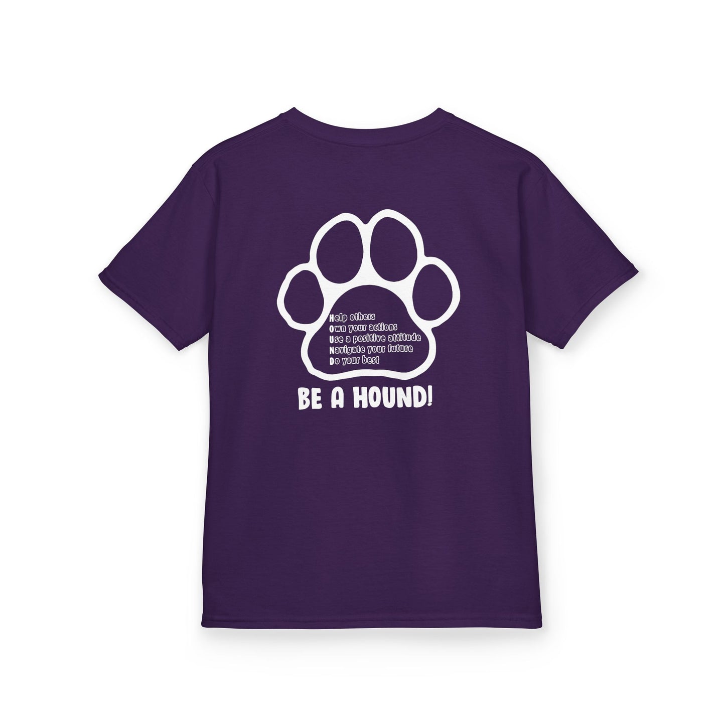 Hickory Hound Kids T‑Shirt – Retro Mascot Paw Print "Be a Hound" Tee