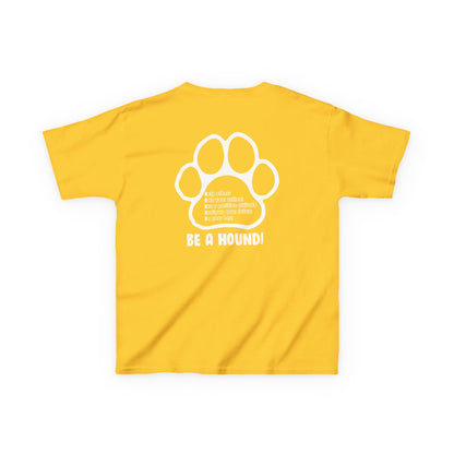 Hickory Hound Kids T‑Shirt – Retro Mascot Paw Print "Be a Hound" Tee