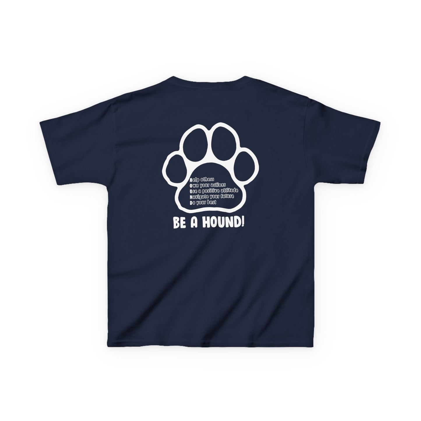 Hickory Hound Kids T‑Shirt – Retro Mascot Paw Print "Be a Hound" Tee