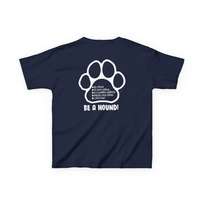 Hickory Hound Kids T‑Shirt – Retro Mascot Paw Print "Be a Hound" Tee