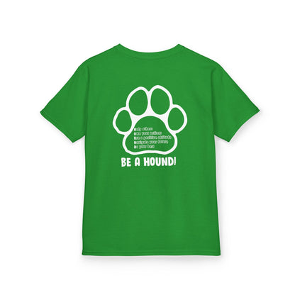 Hickory Hound Kids T‑Shirt – Retro Mascot Paw Print "Be a Hound" Tee